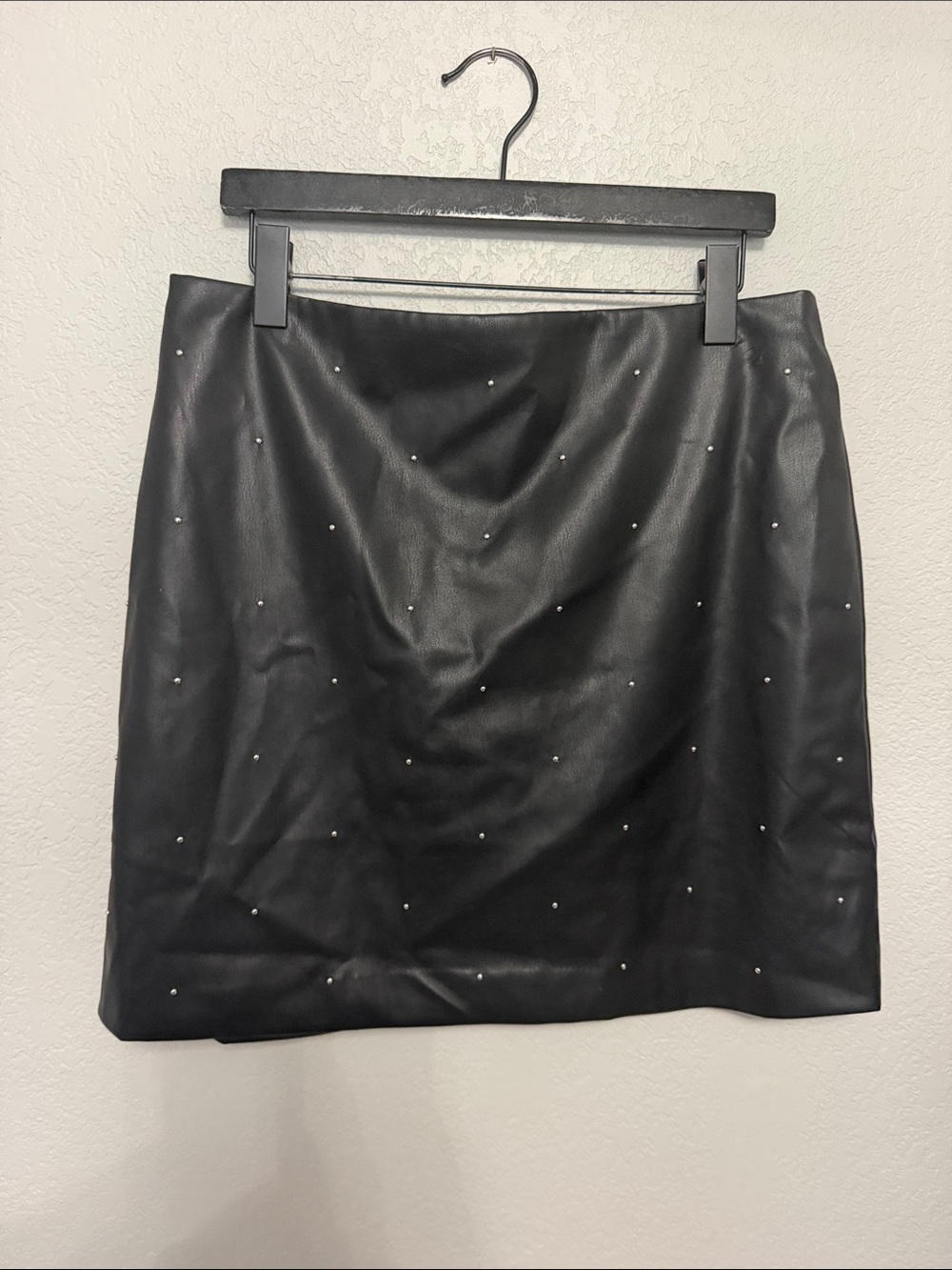 Bar III black faux leather studded mini skirt, size 12